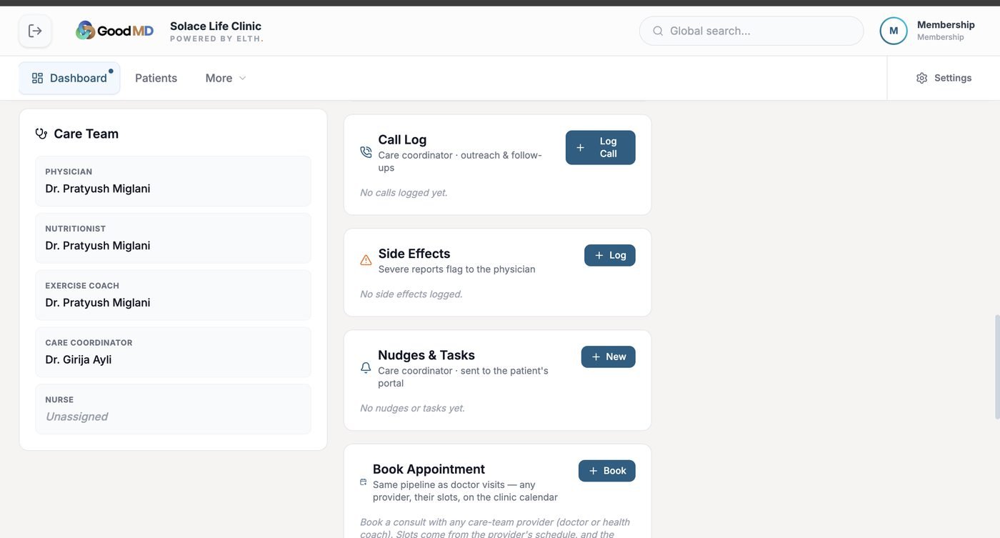 Care team, call log and side-effect reporting